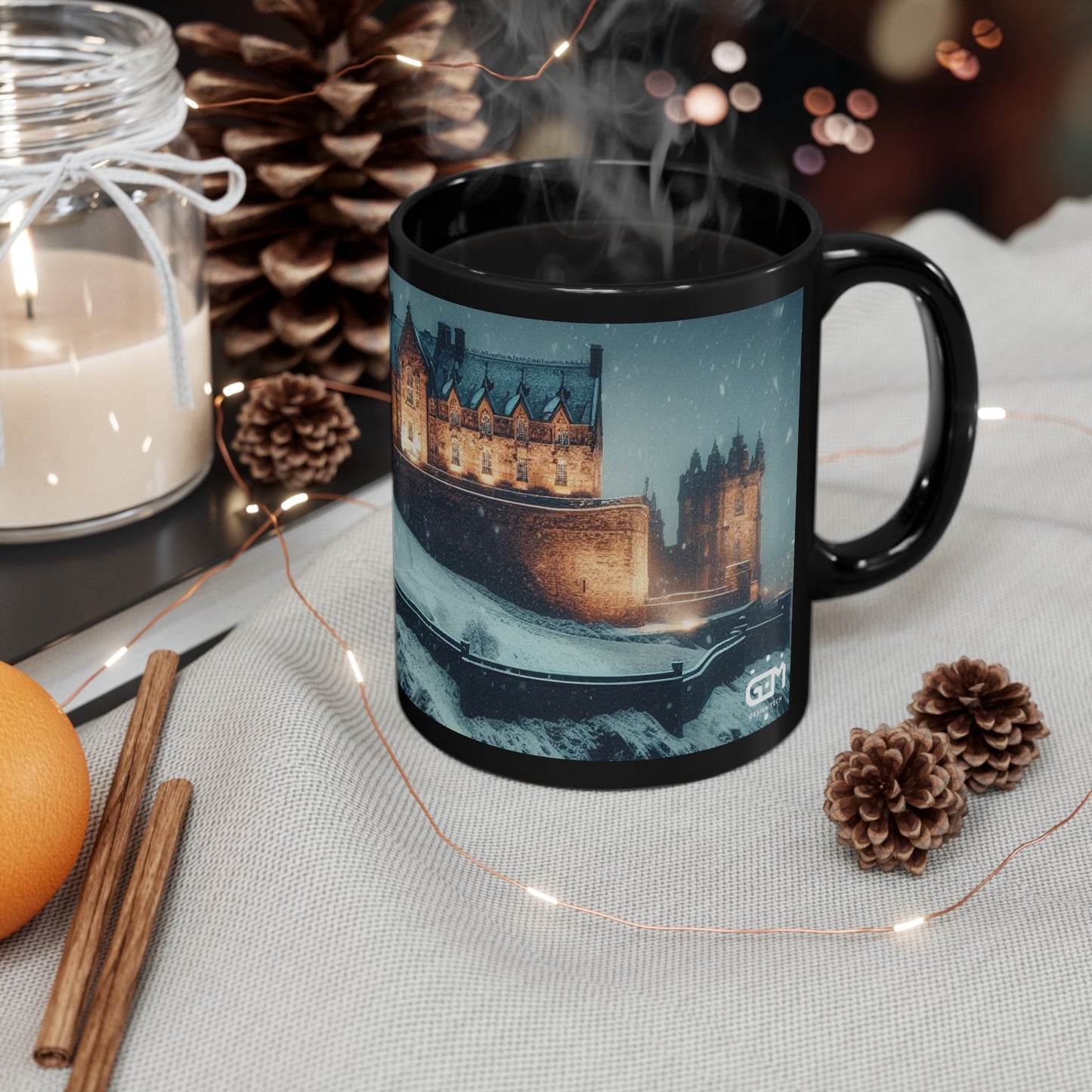 Edinburgh Castle in Winter Mug, Coffee Cup, Tea Cup, Scottish Art, Scottish Landmarks, Scottish Nature, Black