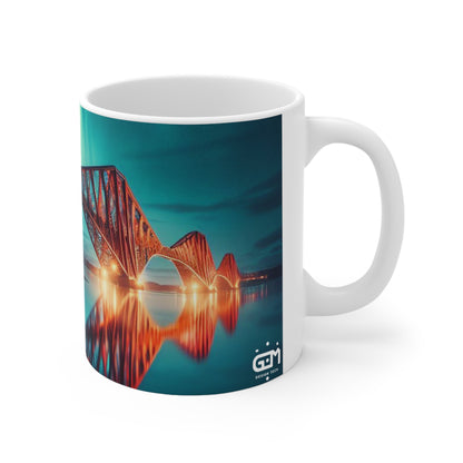 Forth Rail Bridge Northern Lights Mug, Coffee Cup, Tea Cup, Scottish Art, Scottish Landmarks, Scottish Nature, White