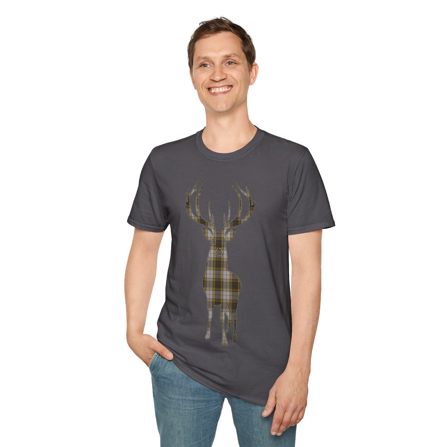 Tartan Stag Softstyle T-Shirt - Buchanan Tartan, Unisex Tee, Scottish Scenery, Various Colours