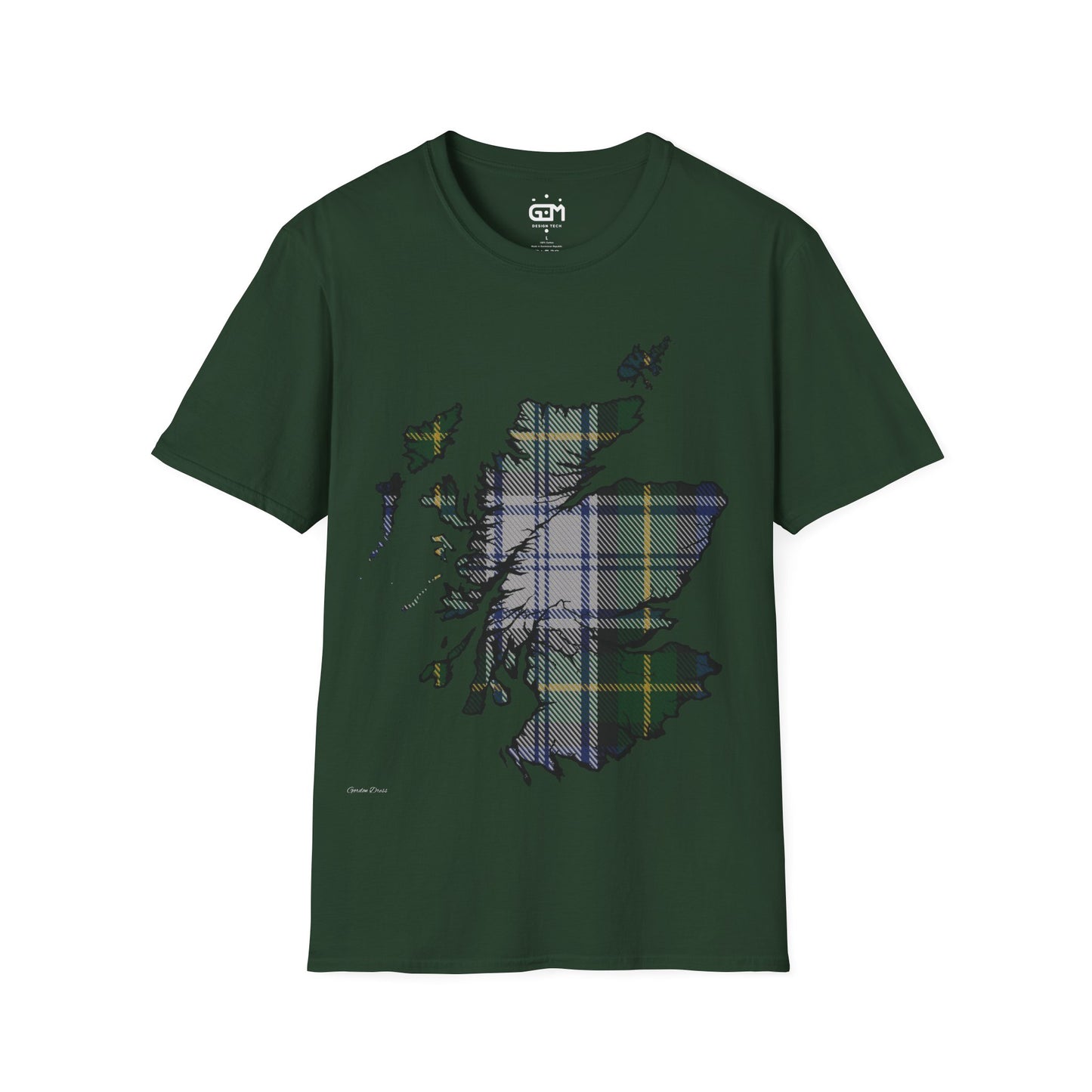 Scotland Tartan Map Softstyle Unisex T-Shirt, Gordon Dress Tartan, Various Colours