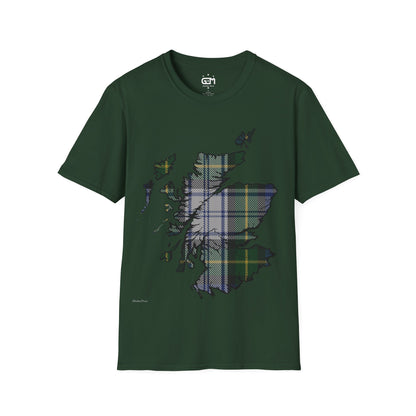 Scotland Tartan Map Softstyle Unisex T-Shirt, Gordon Dress Tartan, Various Colours