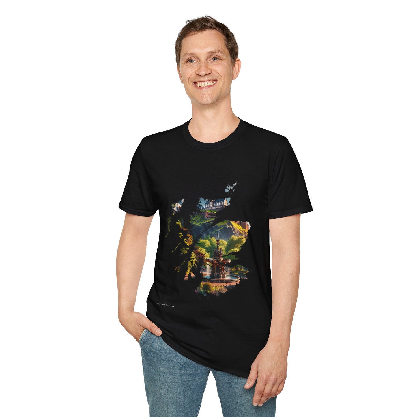 Edinburgh Castle with Fountain Scotland Map Softstyle Unisex T-Shirt, Scotland Shirt, Scottish Landmark Tee