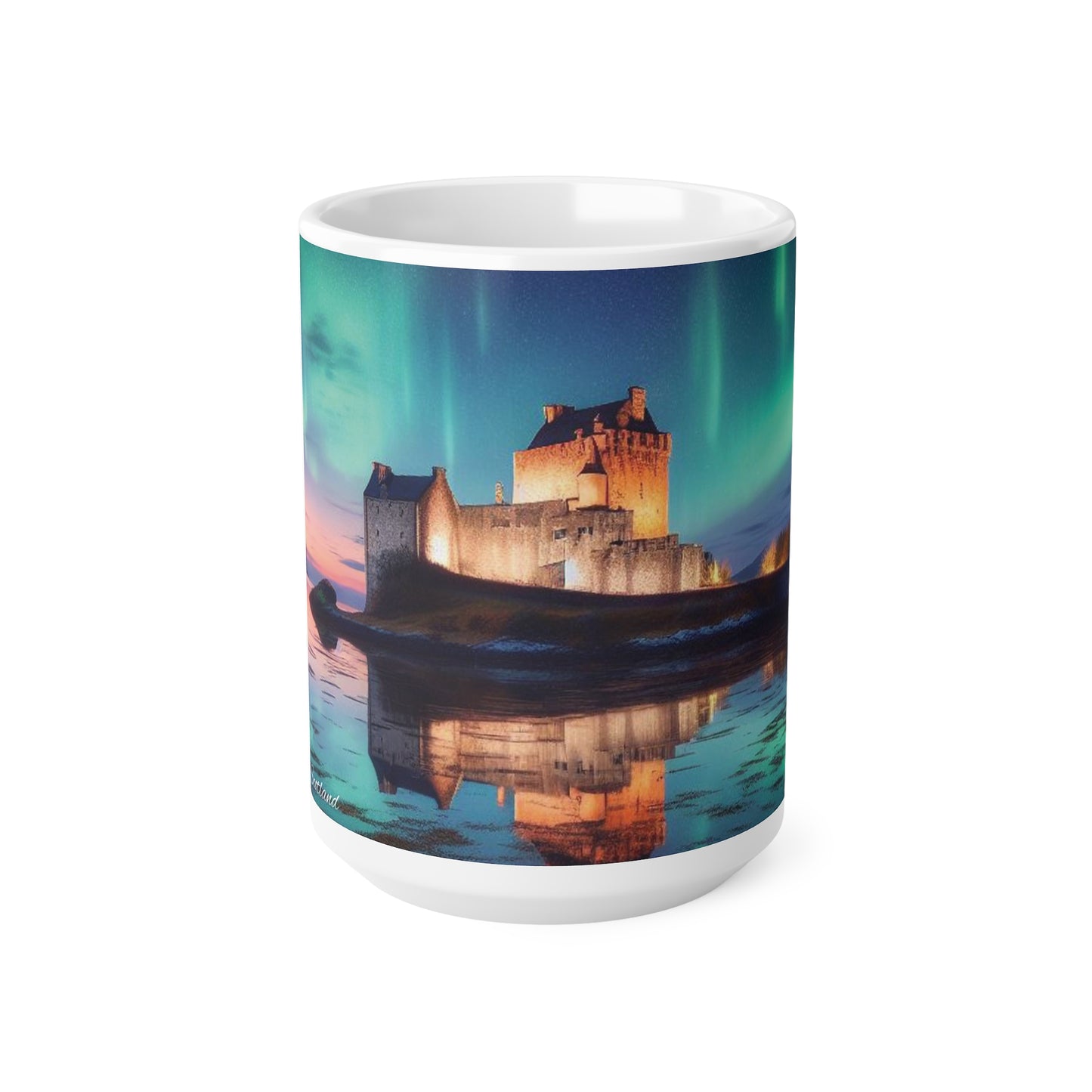 Eilean Donan Castle Northern Lights Mug, Coffee Cup, Tea Cup, Scottish Art, Scottish Landmarks, Scottish Nature, White