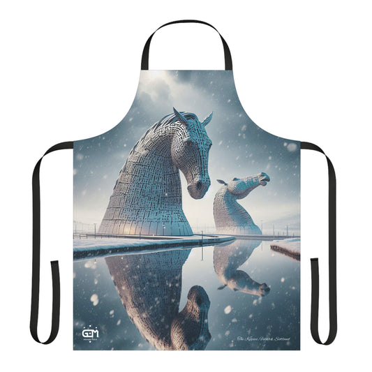 Kelpies in Winter Apron, Scotland Apron, Scottish Art, Scotland Landmark, Cooking Apparel, Chef Accessory