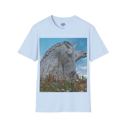 Kelpies with Meadow Photo Softstyle T-Shirt, Unisex Tee, Scottish Landmarks, Various Colours