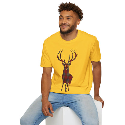 Tartan Stag Softstyle T-Shirt - MacFarlane Tartan, Unisex Tee, Scottish Scenery, Various Colours