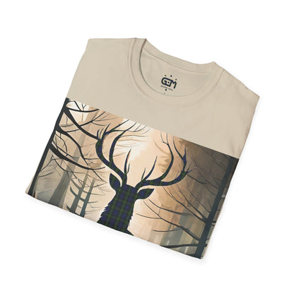 Stag Tartan Silhouette Softstyle T-Shirt - Gordon Tartan, Unisex Tee, Scottish Scenery, Various Colours