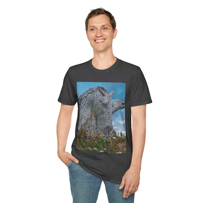 Kelpies with Meadow Photo Softstyle Unisex T-Shirt, Scottish Tee