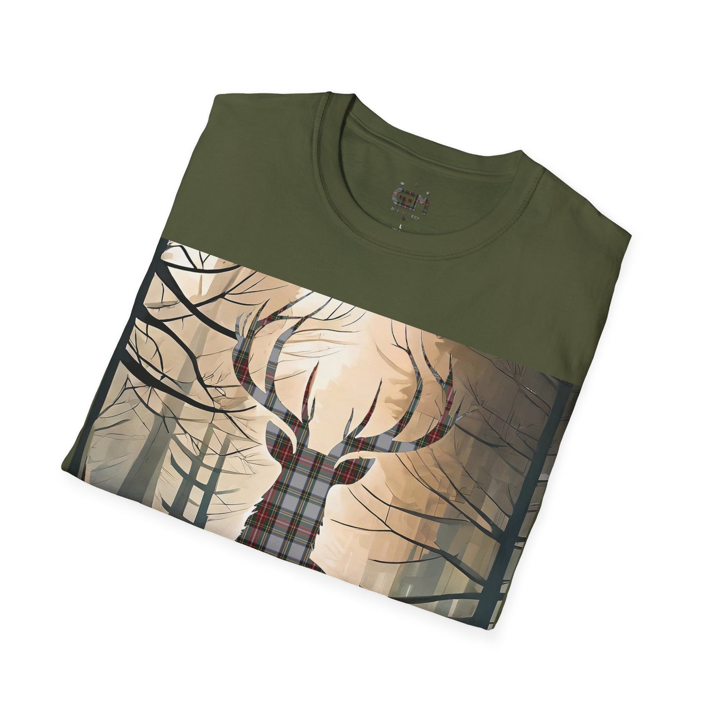 Stag Tartan Silhouette Softstyle T-Shirt - Stewart Dress Tartan, Unisex Tee, Scottish Scenery, Various Colours