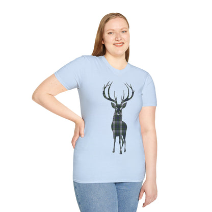 Tartan Stag Softstyle T-Shirt - Gordon Dress Tartan, Unisex Tee, Scottish Scenery, Various Colours