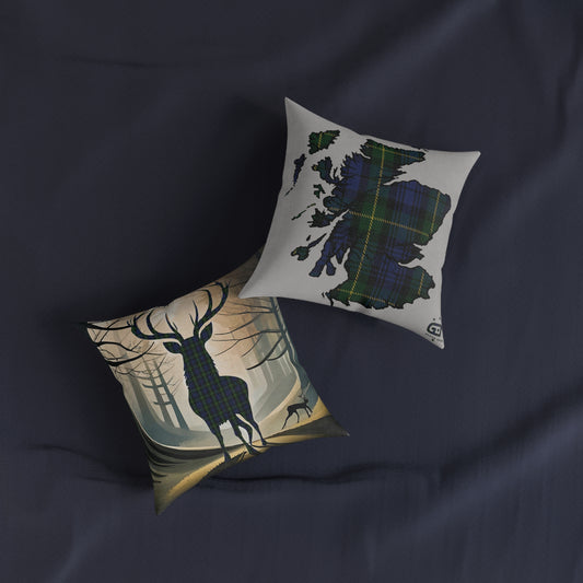 Reversible Square Cushion : Stag / Scotland Map - Gordon Tartan, Various Sizes