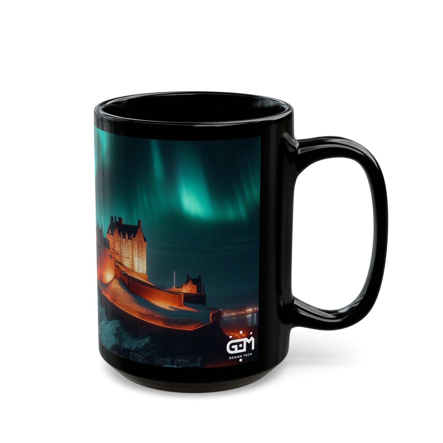 Edinburgh Castle Northern Lights Mug, Coffee Cup, Tea Cup, Scottish Art, Scottish Landmarks, Scottish Nature, Black