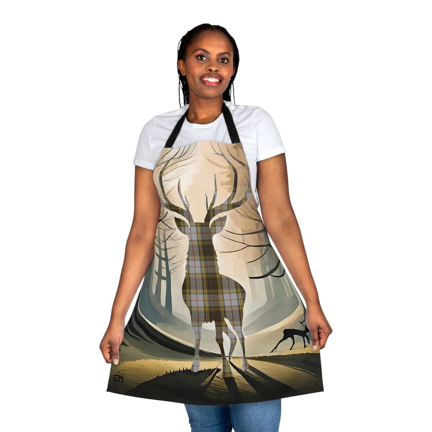 Tartan Stag Woodland Scene Apron - Buchanan Tartan, Scottish Cooking Apparel, Chef Accessory