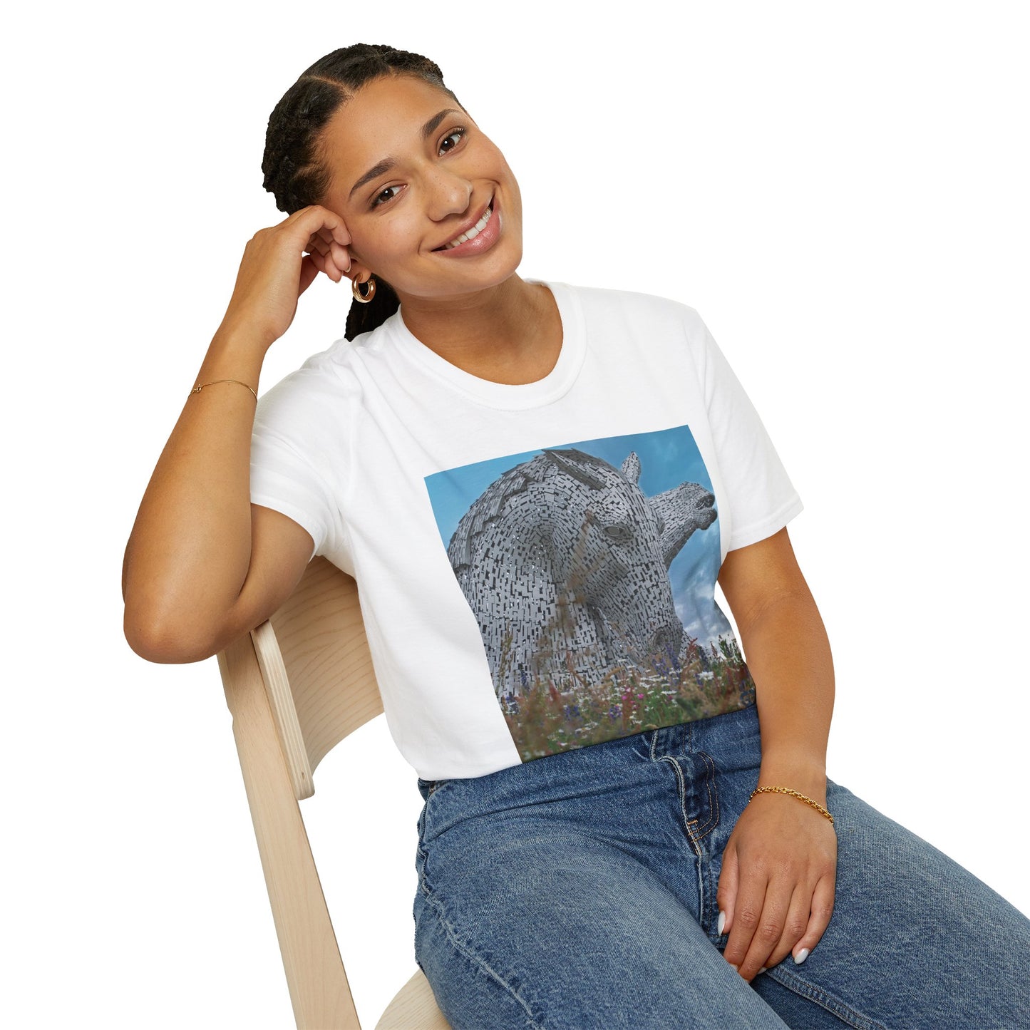 Scottish Kelpies with Meadow Photo Softstyle Unisex T-Shirt, Scotland Tee