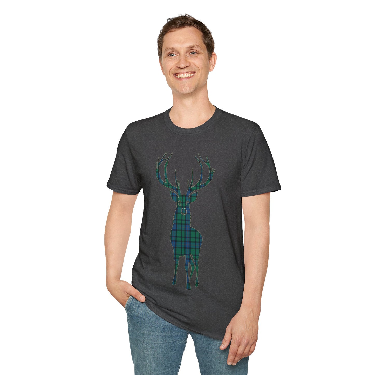 Tartan Stag Softstyle T-Shirt - Flower of Scotland Tartan, Unisex Tee, Scottish Scenery, Various Colours