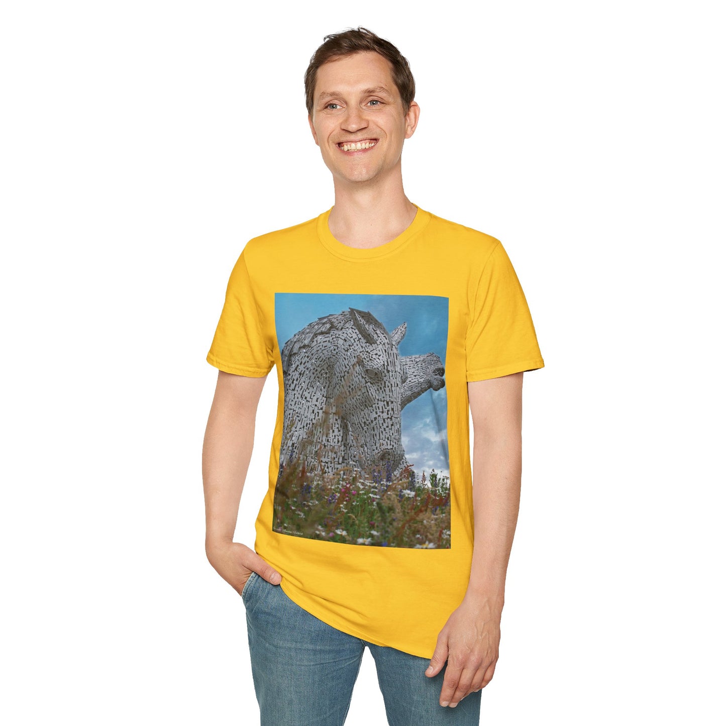 Kelpies with Meadow Photo Softstyle Unisex T-Shirt, Scottish Tee