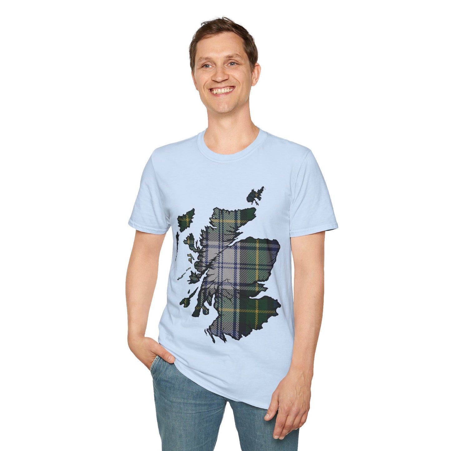 Scotland Tartan Map Softstyle Unisex T-Shirt, Gordon Dress Tartan, Various Colours