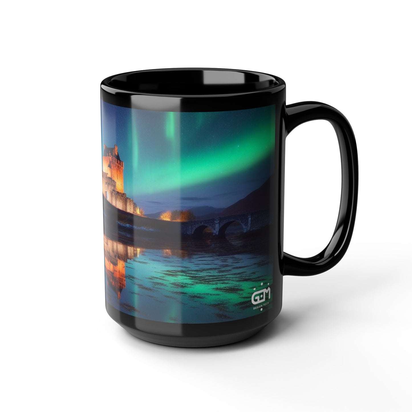 Eilean Donan Castle Northern Lights Mug, Coffee Cup, Tea Cup, Scottish Art, Scottish Landmarks, Scottish Nature, Black