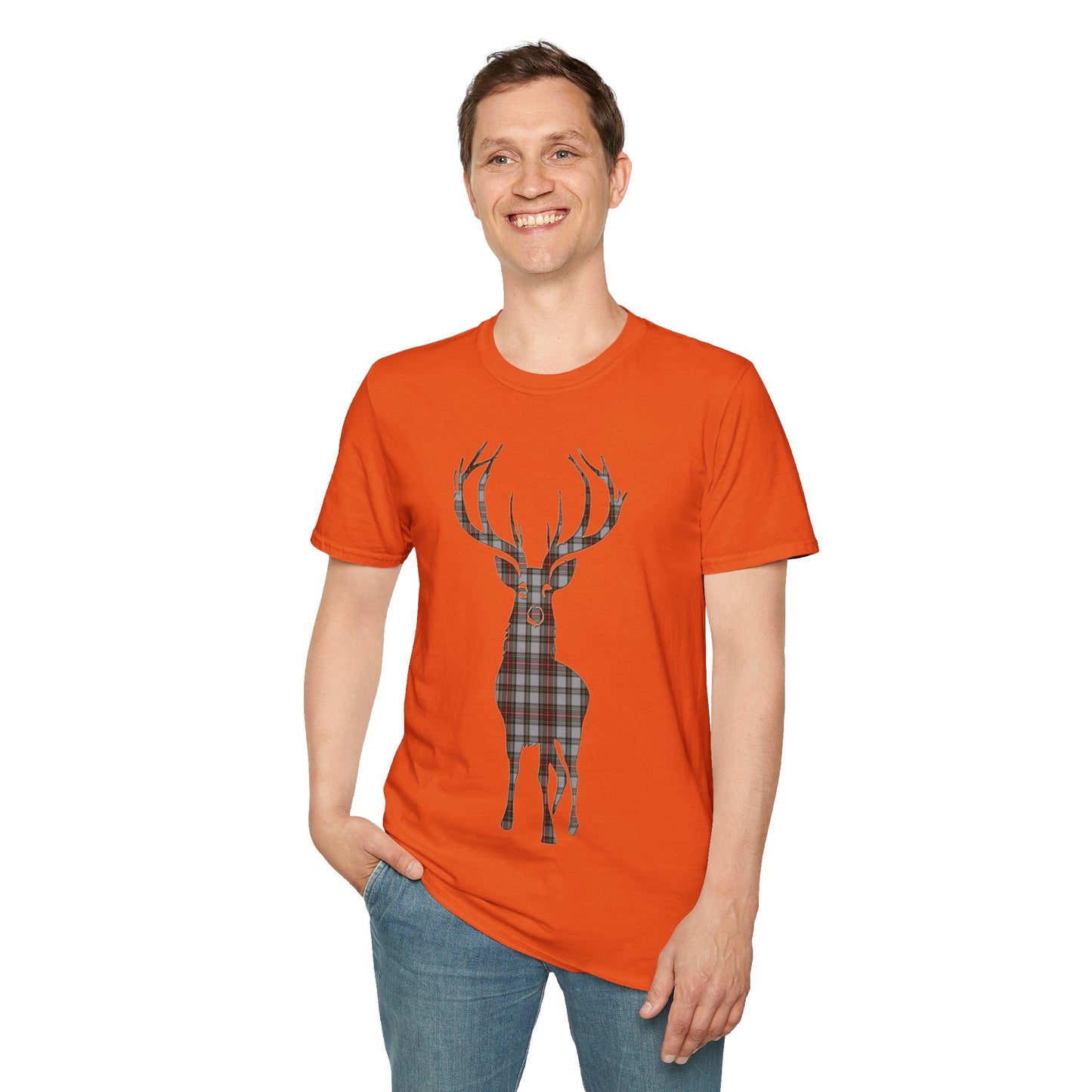 Tartan Stag Softstyle T-Shirt - Stewart Dress Tartan, Unisex Tee, Scottish Scenery, Various Colours