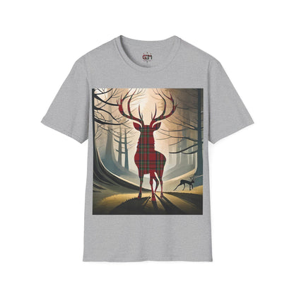 Stag Tartan Silhouette Softstyle T-Shirt - Stewart Royal Tartan, Unisex Tee, Scottish Scenery, Various Colours