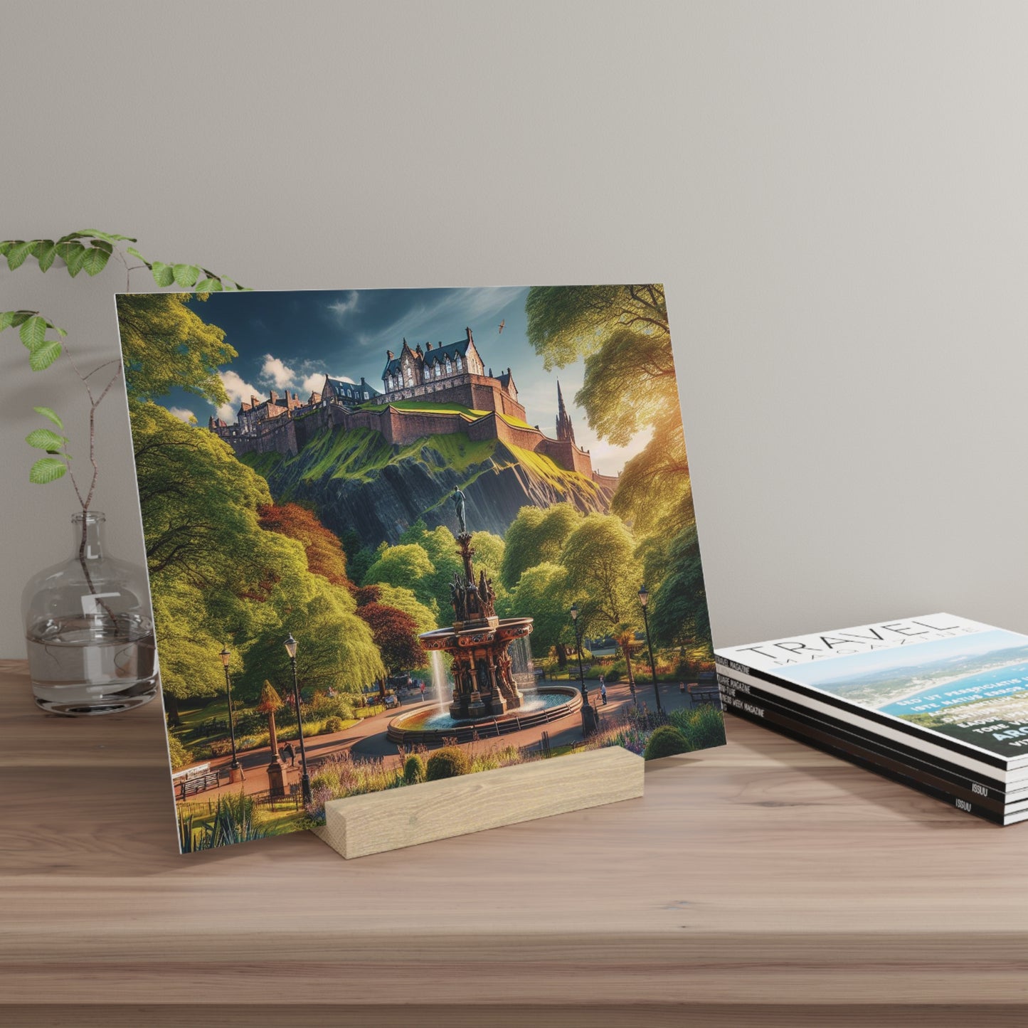 Summer Collection Gallery Stand Edinburgh Castle with Ross Fountain, Oak Picture Stand, Scotland Art, Scenery, Landmarks, Various Sizes