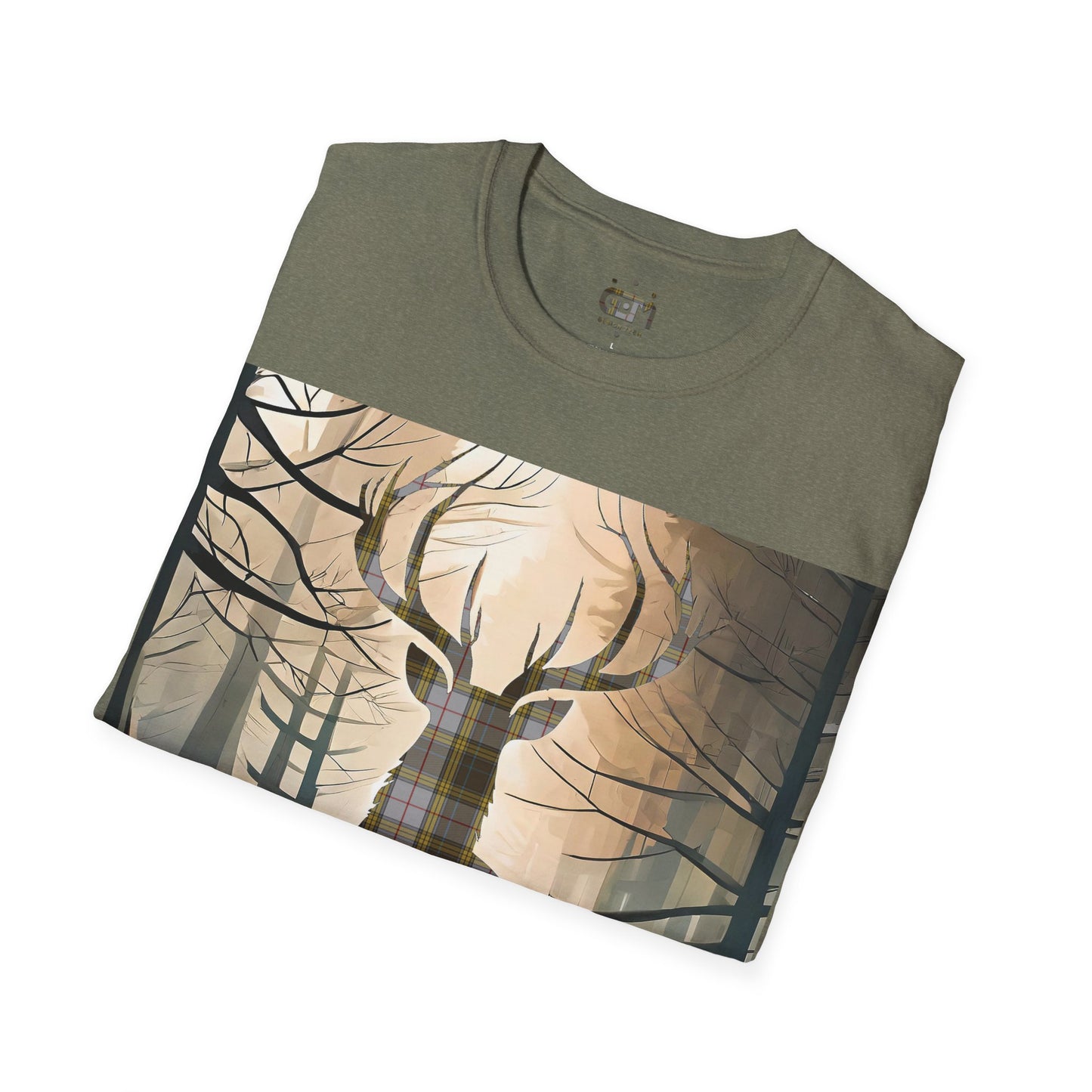 Stag Tartan Silhouette Softstyle T-Shirt - Buchanan Tartan, Unisex Tee, Scottish Scenery, Various Colours