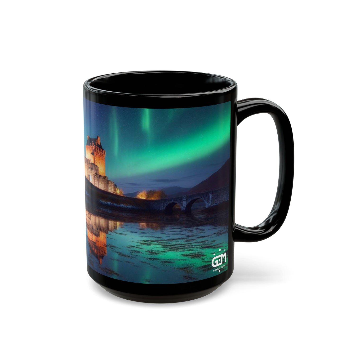 Eilean Donan Castle Northern Lights Mug, Coffee Cup, Tea Cup, Scottish Art, Scottish Landmarks, Scottish Nature, Black