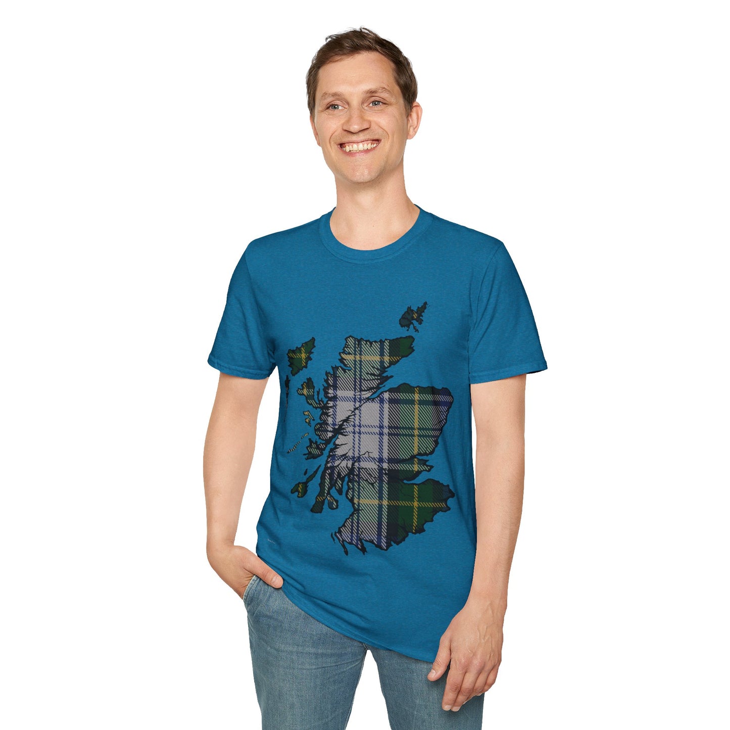 Scotland Tartan Map Softstyle Unisex T-Shirt, Gordon Dress Tartan, Various Colours