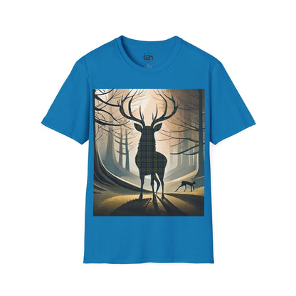 Stag Tartan Silhouette Softstyle T-Shirt - Campbell Tartan, Unisex Tee, Scottish Scenery, Various Colours