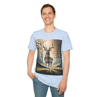 Stag Tartan Silhouette Softstyle T-Shirt - Buchanan Tartan, Unisex Tee, Scottish Scenery, Various Colours