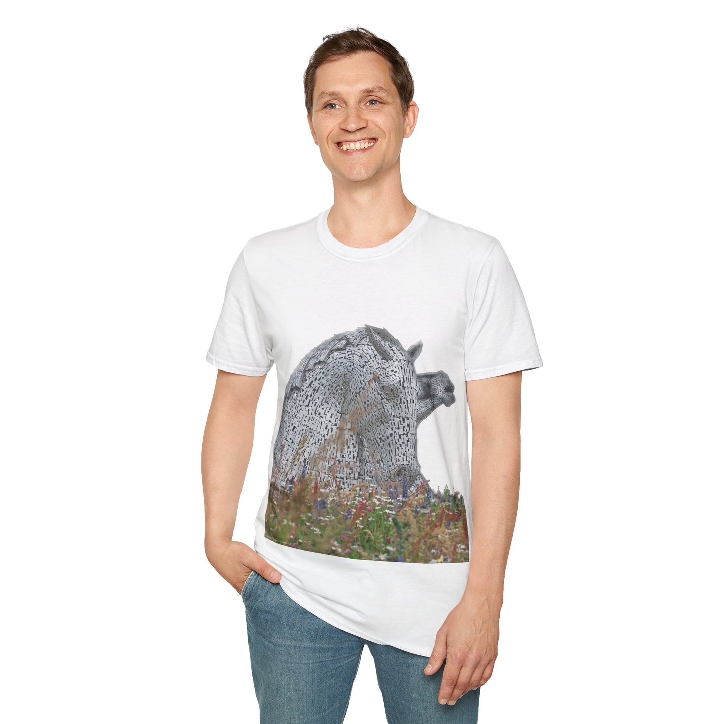 Kelpies with Meadow No Sky Photo Softstyle T-Shirt, Unisex Tee, Scottish Landmarks, Various Colours