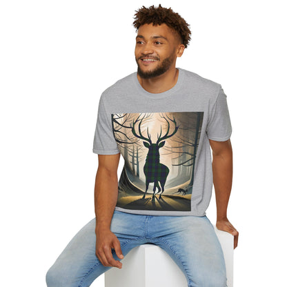 Stag Tartan Silhouette Softstyle T-Shirt - Black Watch Tartan, Unisex Tee, Scottish Scenery, Various Colours