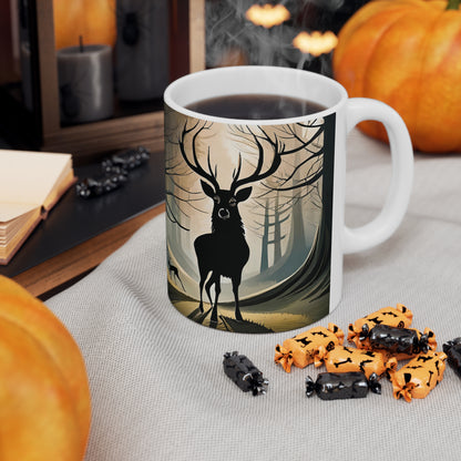 Stag Silhouette Woodland Scene Mug, Coffee Cup, Tea Cup, Scotland, White