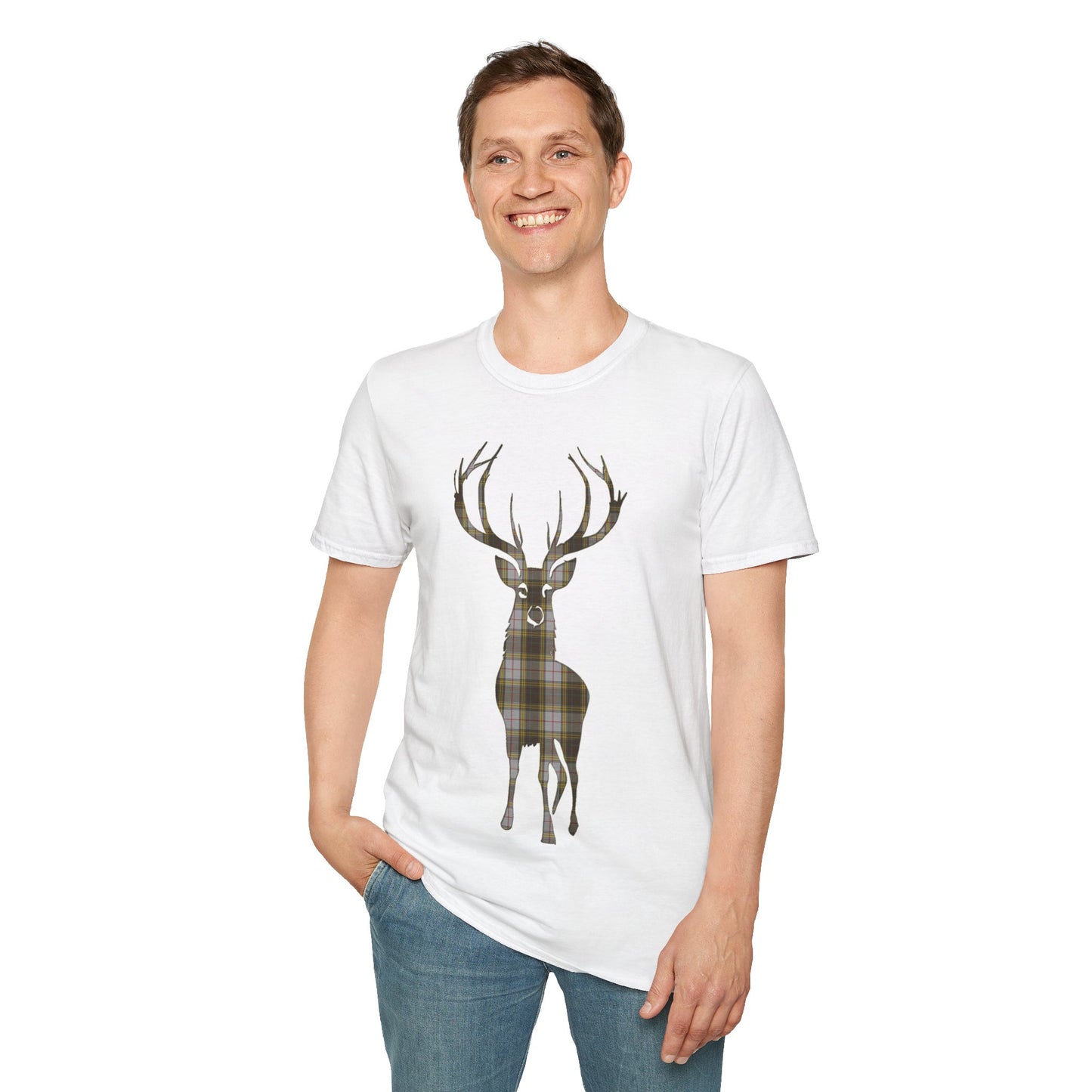 Tartan Stag Softstyle T-Shirt - Buchanan Tartan, Unisex Tee, Scottish Scenery, Various Colours