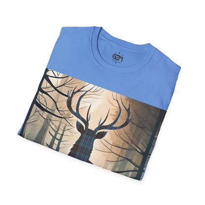 Stag Tartan Silhouette Softstyle T-Shirt - Anderson Tartan, Unisex Tee, Scottish Scenery, Various Colours