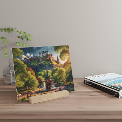 Summer Collection Gallery Stand Edinburgh Castle with Ross Fountain, Oak Picture Stand, Scotland Art, Scenery, Landmarks, Various Sizes