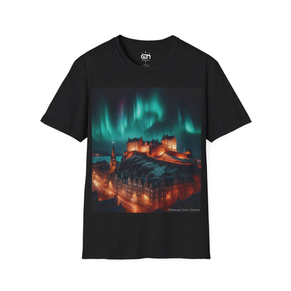 Edinburgh Castle with Northern Lights Softstyle T-Shirt, Unisex Tee, Scotland Shirt, Scottish Landmark, Nature, Scenery, Various Colours