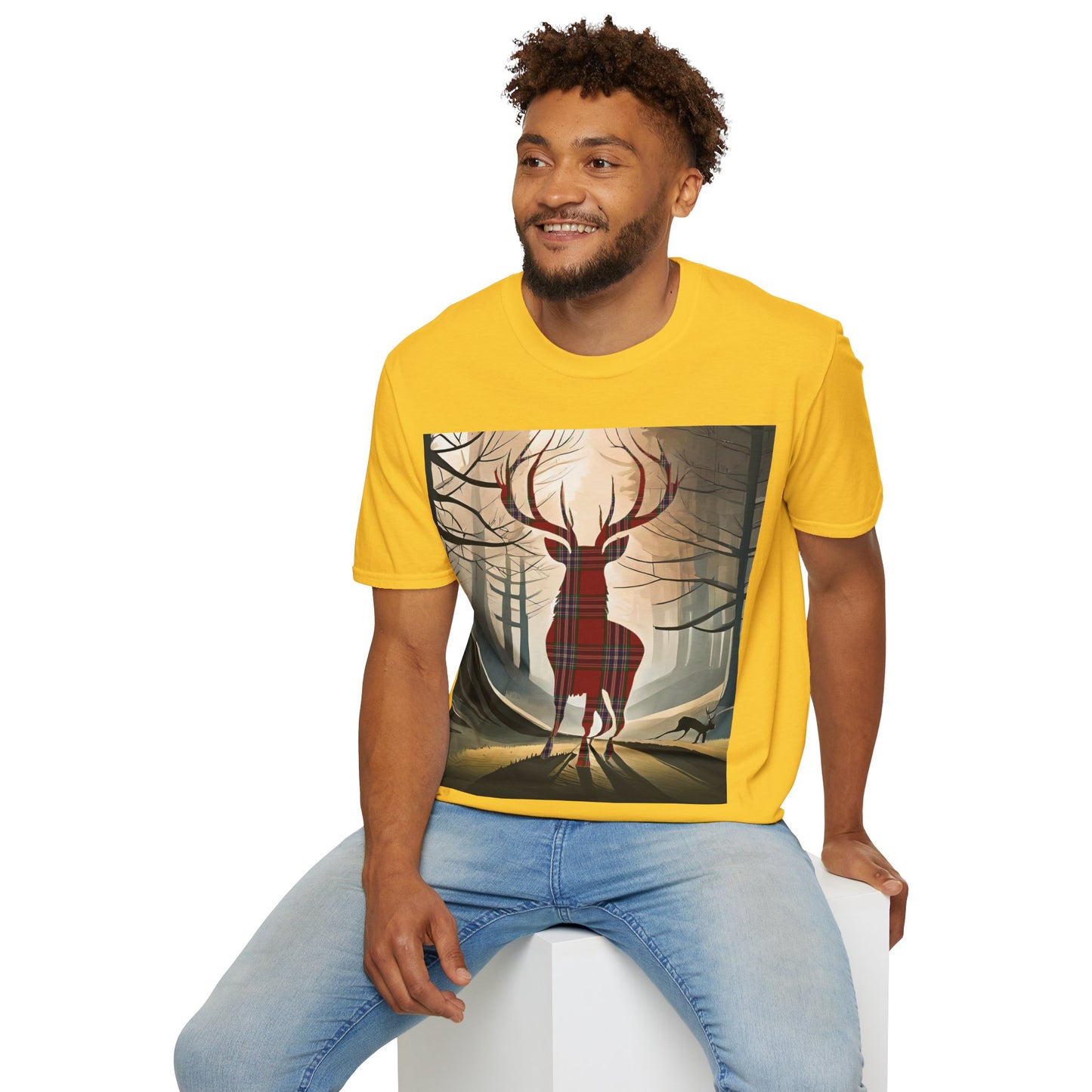 Stag Tartan Silhouette Softstyle T-Shirt - MacFarlane Tartan, Unisex Tee, Scottish Scenery, Various Colours