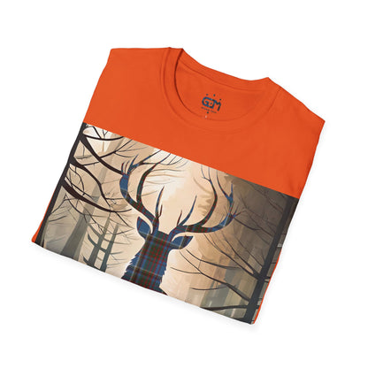 Stag Tartan Silhouette Softstyle T-Shirt - Anderson Old Tartan, Unisex Tee, Scottish Scenery, Various Colours