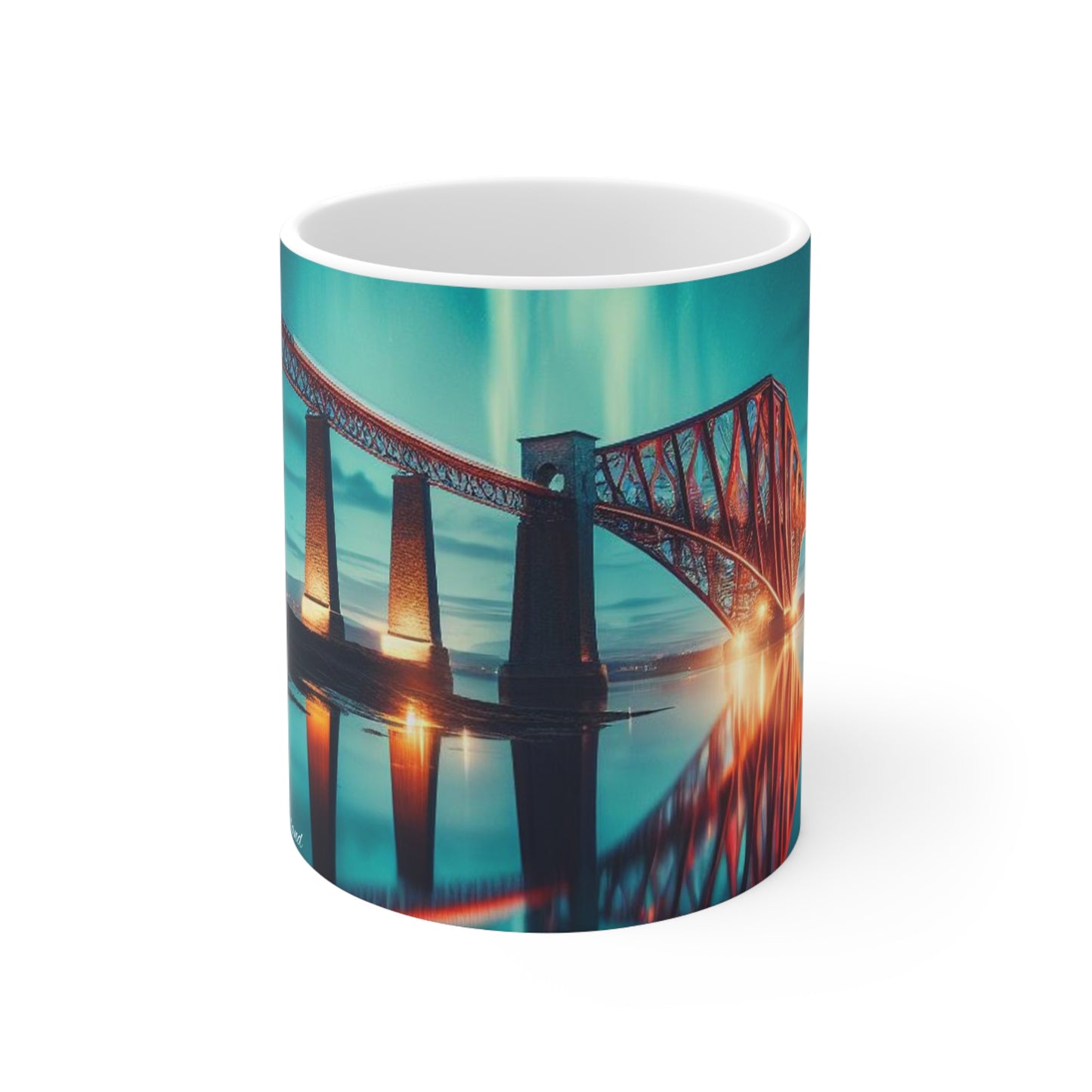 Forth Rail Bridge Northern Lights Mug, Coffee Cup, Tea Cup, Scottish Art, Scottish Landmarks, Scottish Nature, White