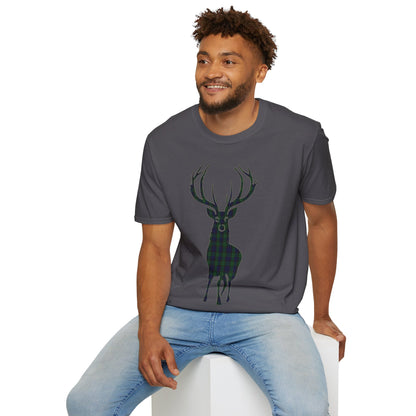 Tartan Stag Softstyle T-Shirt - Black Watch Tartan, Unisex Tee, Scottish Scenery, Various Colours