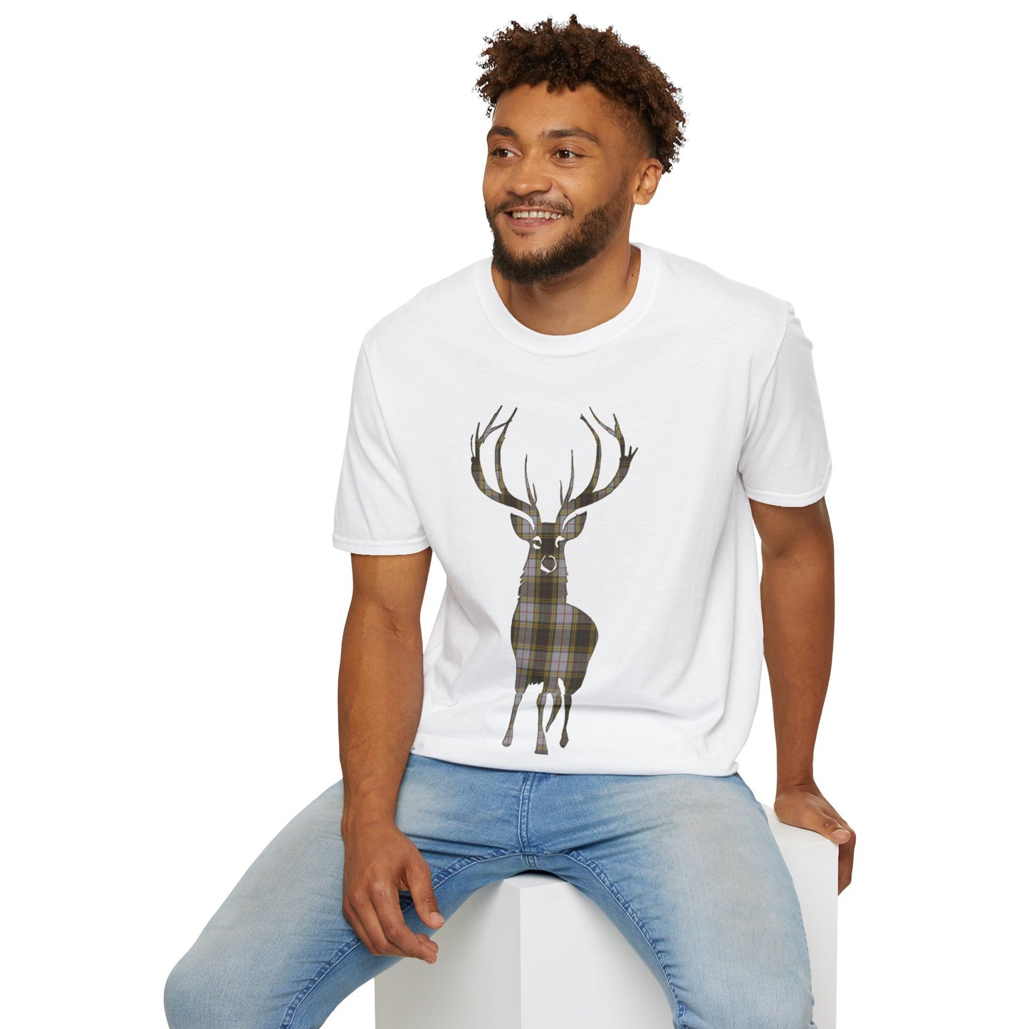 Tartan Stag Softstyle T-Shirt - Buchanan Tartan, Unisex Tee, Scottish Scenery, Various Colours