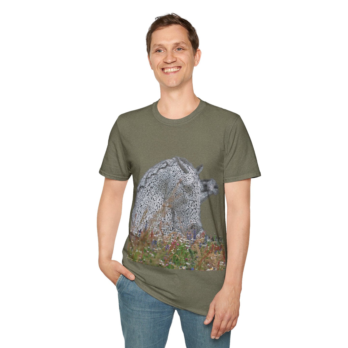 Kelpies with Meadow No Sky Photo Softstyle T-Shirt, Unisex Tee, Scottish Landmarks, Various Colours