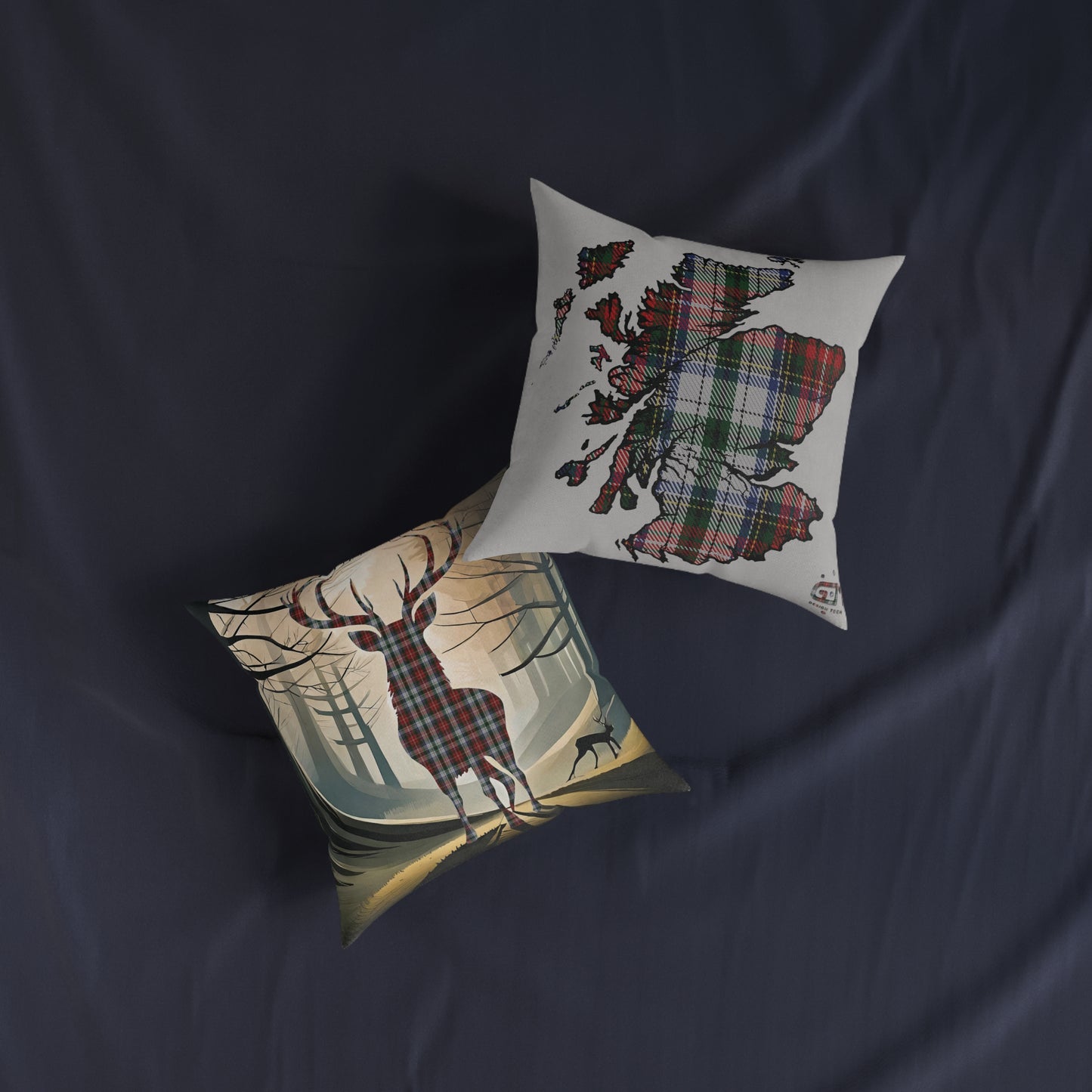 Reversible Square Cushion : Stag / Scotland Map - Stewart Tartan, Various Sizes