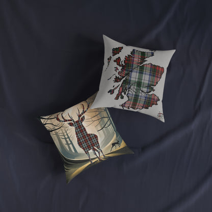 Reversible Square Cushion : Stag / Scotland Map - Stewart Tartan, Various Sizes