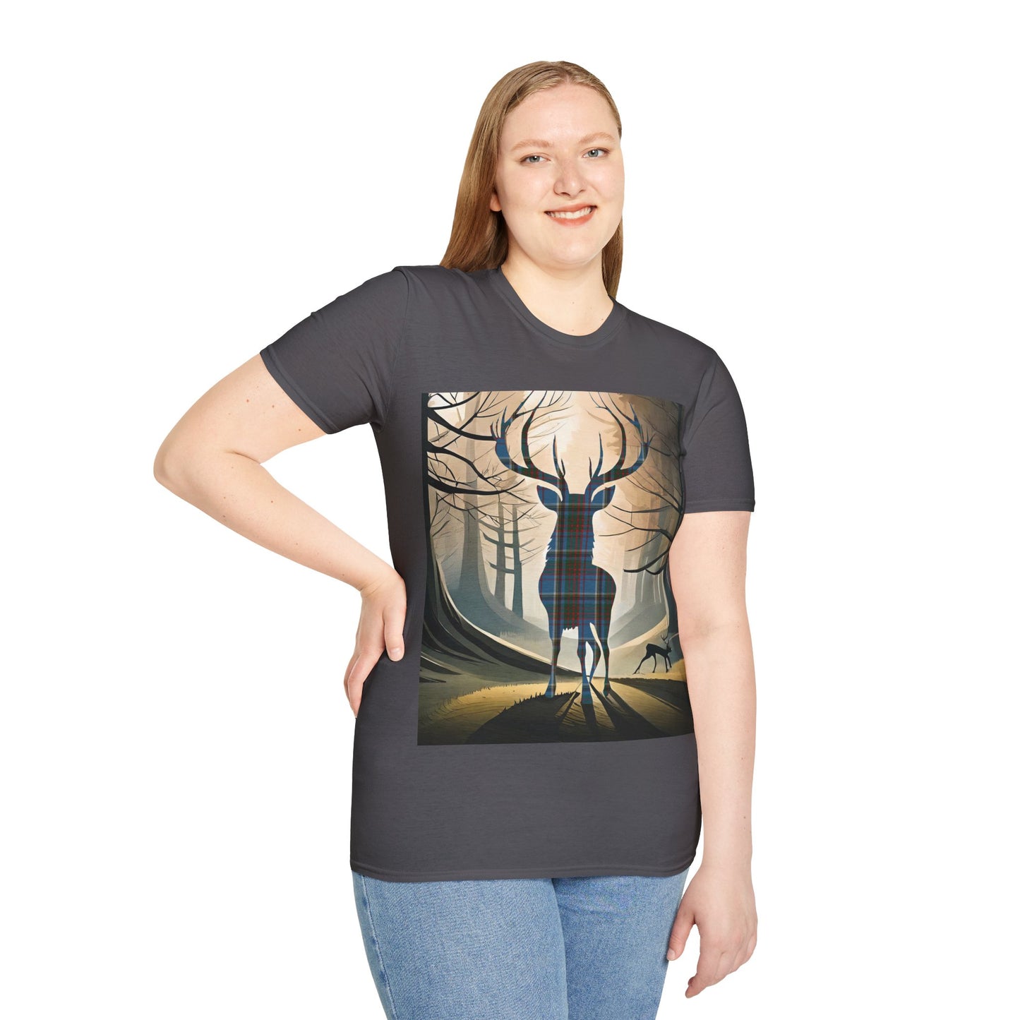 Stag Tartan Silhouette Softstyle T-Shirt - Anderson Old Tartan, Unisex Tee, Scottish Scenery, Various Colours