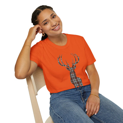 Tartan Stag Softstyle T-Shirt - Stewart Dress Tartan, Unisex Tee, Scottish Scenery, Various Colours