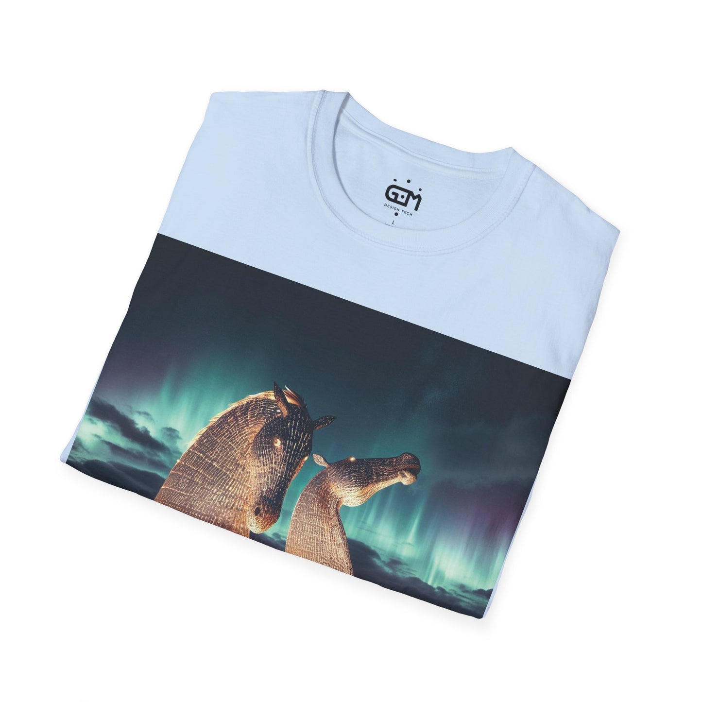 Kelpies with Northern Lights Softstyle T-Shirt, Unisex Tee, Scotland Shirt, Scottish Landmark, Nature, Scenery, Various Colours