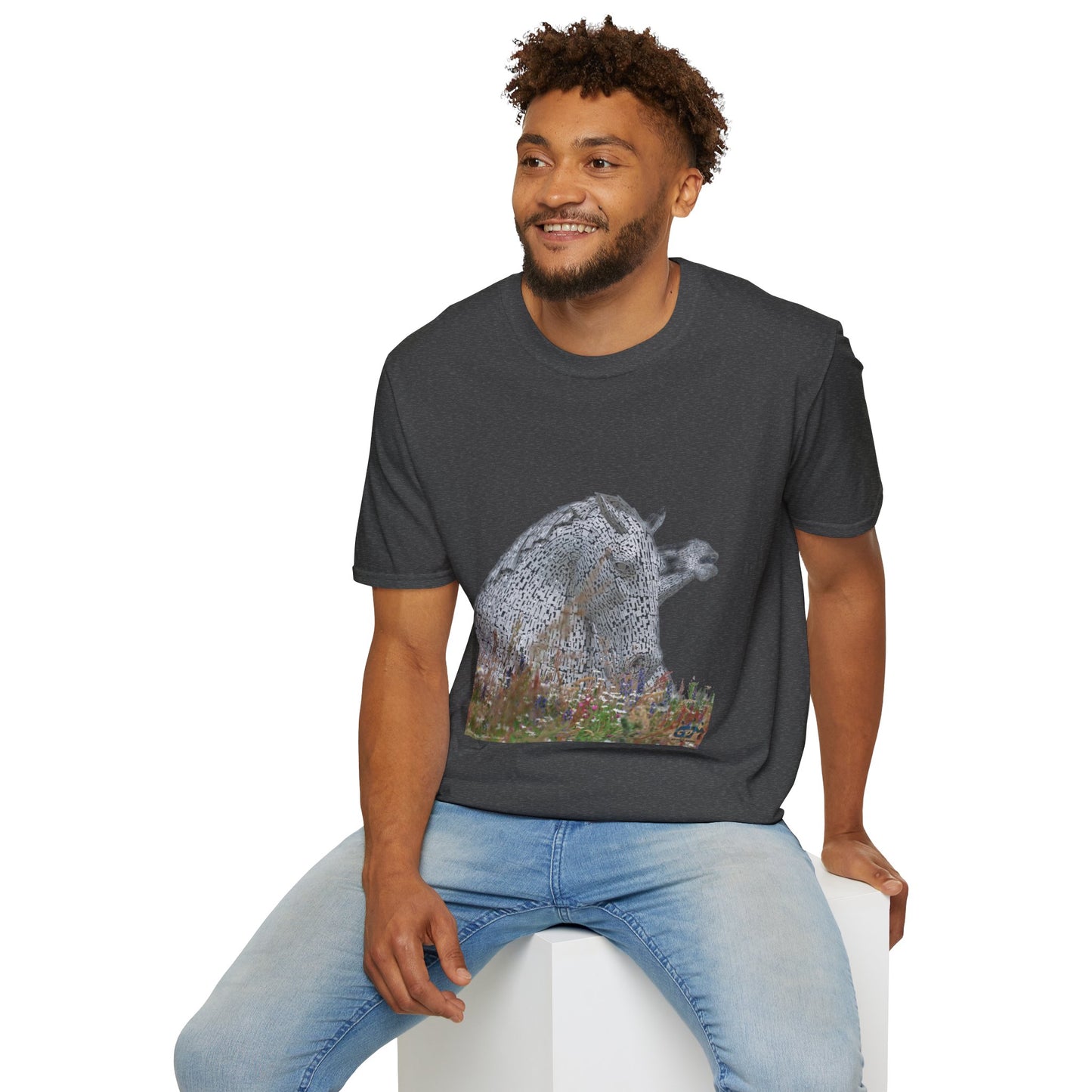 Scottish Kelpies with Meadow No Sky Photo Softstyle Unisex T-Shirt, Scotland Tee