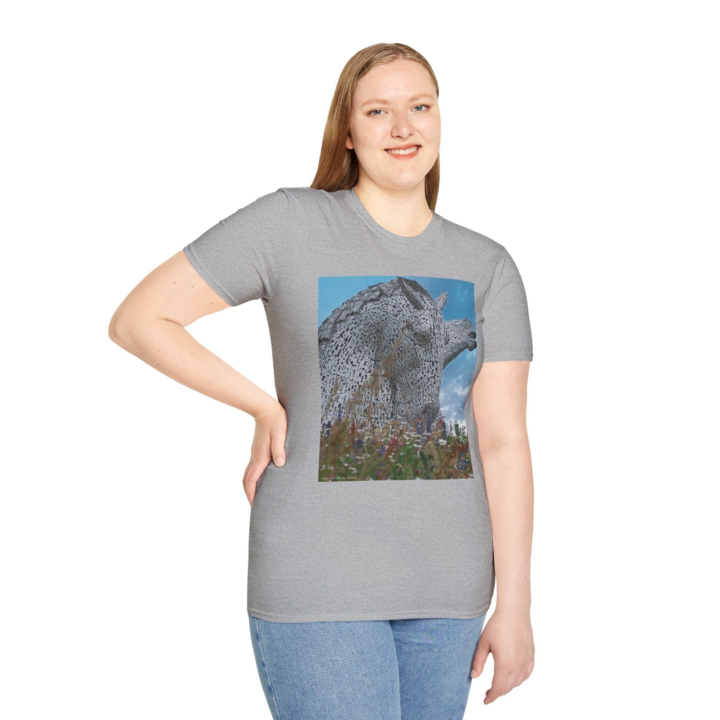 Scottish Kelpies with Meadow Photo Softstyle Unisex T-Shirt, Scotland Tee